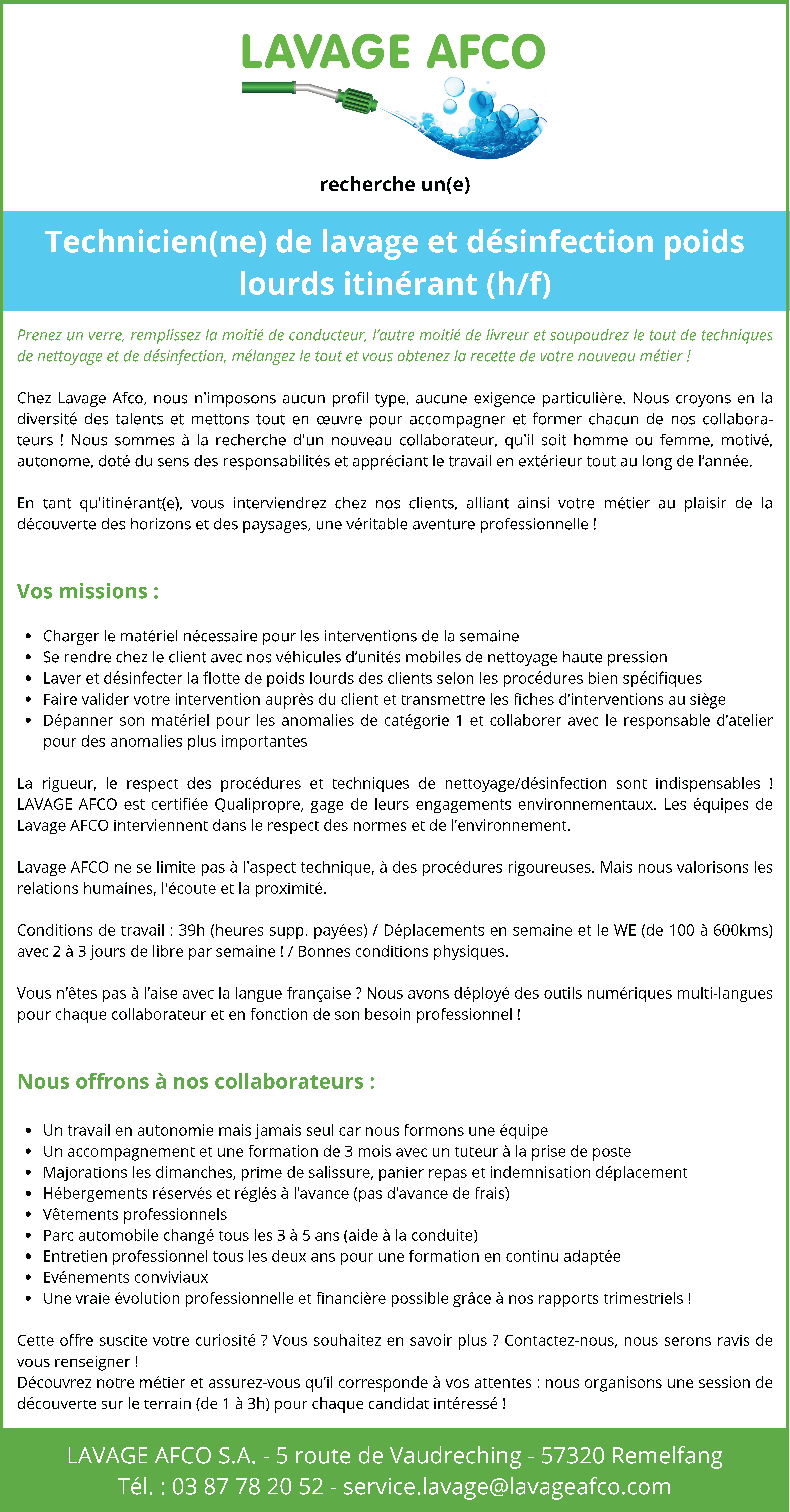 Lavage AFCO - Annonce emploi
